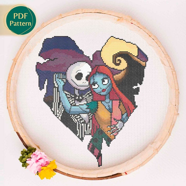 Jack Skellington & Sally Cross Stitch Pattern, Nightmare Before Christmas, True Love, Kawaii, In Love, Hearts, Instant download, PDF pattern