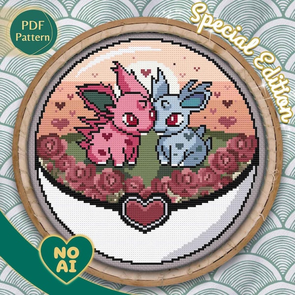 Nidoran in Love Inspired Valentine Roses Terrarium Cross Stitch Pattern PDF