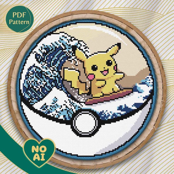 Pikachu Surfing Wave Pokeball Cross Stitch Pattern PDF