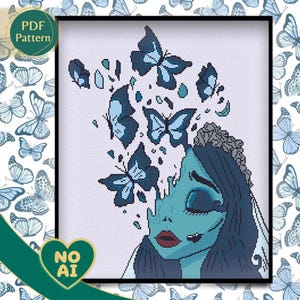 Kruissteekpatroon Corpse Bride – Emily, blauwe vlinder (pdf-patroon)