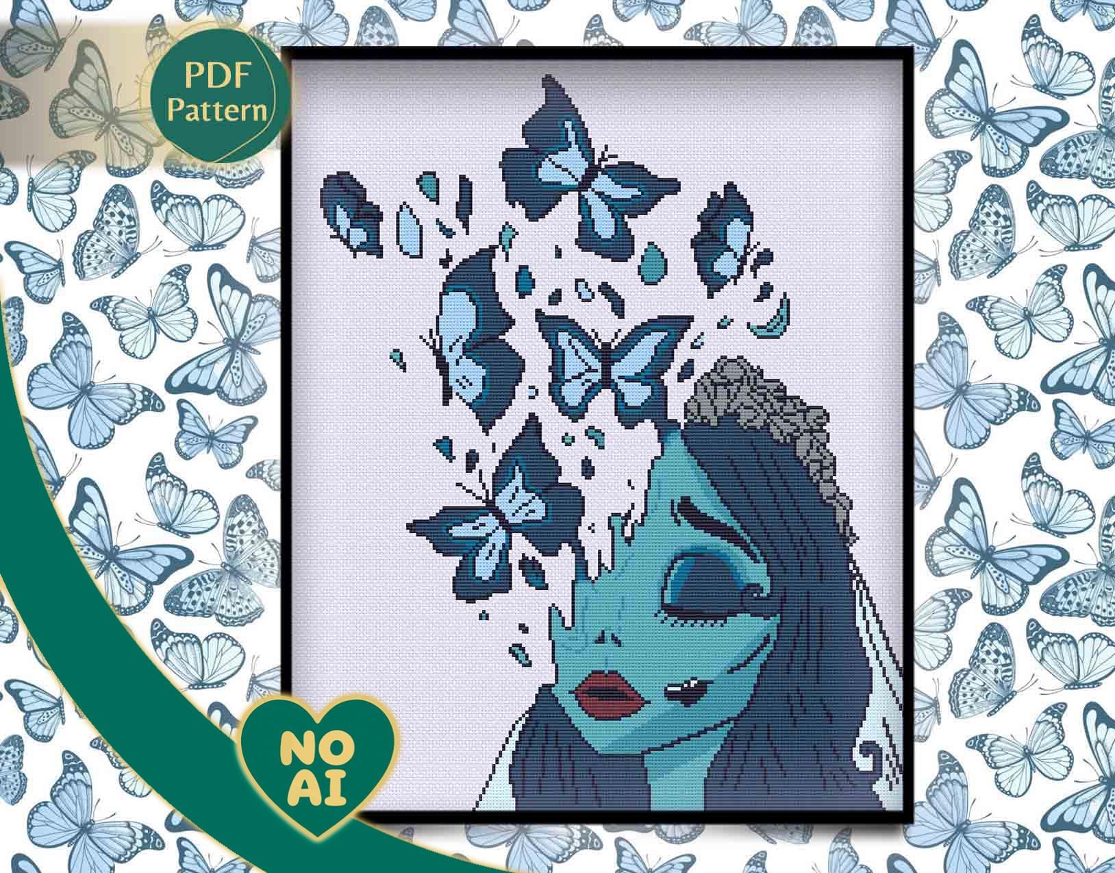 Corpse Bride Cross Stitch Pattern – Emily, Blue Butterfly (PDF Pattern ...