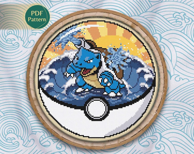 Blastoise Pokeball Cross Stitch PDF – Water Type Pattern, Counted Stitch, Water Jets, Sunbeams, Colorful Design, Instant Download
