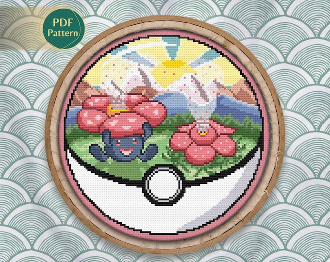 Vileplume Pokeball Cross Stitch PDF – Grass/Poison Type Pattern, Counted Stitch, Rafflesia Flower Scene, Nature Design, Instant Download