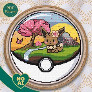 Eevee Inspired Sakura Sunset Terrarium Cross Stitch Pattern PDF