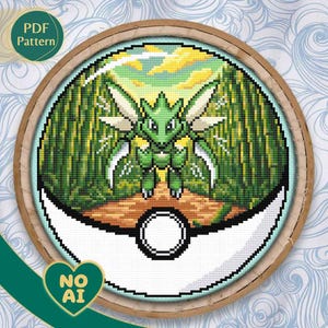 Patrón punto de cruz inspirado en Scyther en terrario Bosque Cuchillas Selva