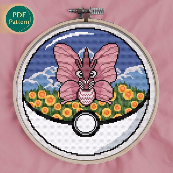 Patrón punto de cruz tipo bicho/veneno, Pokeball terrario Venomoth, Punto cruz contado, Campo de flores, Girasol, Rosas pastel, patrón pdf