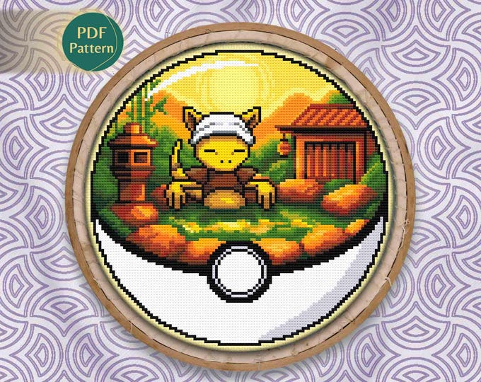 Abra Pokeball Cross Stitch PDF – Psychic Type Pattern, Counted Stitch, Spa, Relax, Japanese Style, Orange Sunset, Tōrō, Instant Download