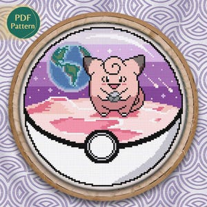 Clefairy Pokeball Cross Stitch PDF – Fairy Type Pattern, Moon Stone Scene, Meteorites, Stars, Pink & Purple Earth, Instant Download