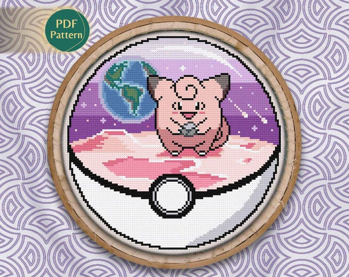 Clefairy Pokeball Cross Stitch PDF – Fairy Type Pattern, Moon Stone Scene, Meteorites, Stars, Pink & Purple Earth, Instant Download