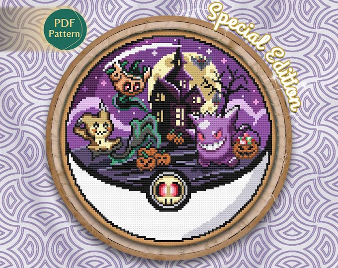 Gengar, Mimikyu & Phantump Cross Stitch PDF – Ghost Type Pokeball, Spooky Halloween Edition, Purple Pattern, Instant Download
