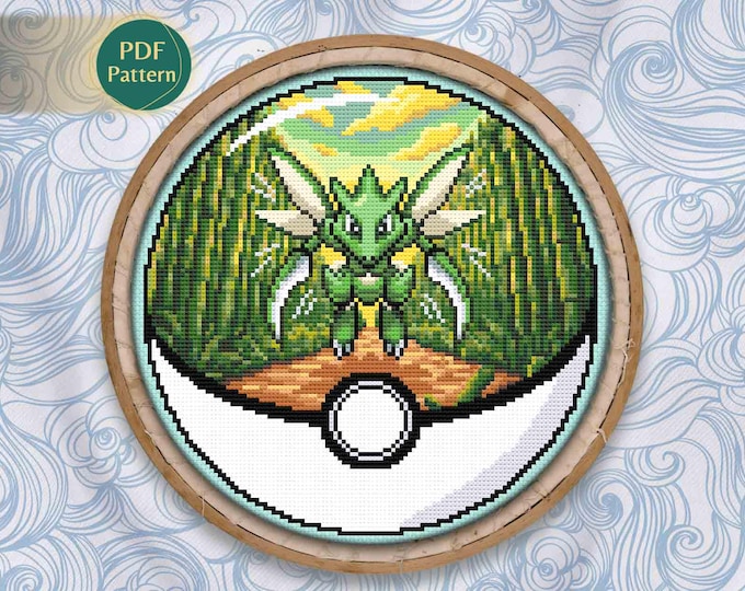 Scyther Pokeball Cross Stitch PDF – Bug/Flying Type Pattern, Counted Stitch, Bamboo Field, Nature, Fresh Air, Green Tones, Instant Download