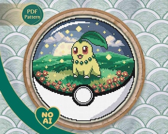 Chikorita Inspired Kawaii Spring Garden Terrarium Cross Stitch Pattern PDF