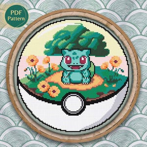 Bulbasaur Pokeball Cross Stitch PDF – Grass/Poison Type Pattern, Counted Stitch, Orange Poppy, Pastel Meadow, Instant Download