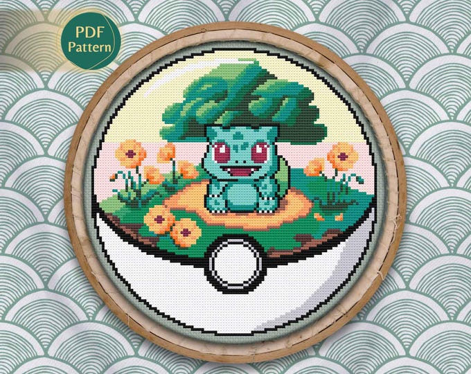 Bulbasaur Pokeball Cross Stitch PDF – Grass/Poison Type Pattern, Counted Stitch, Orange Poppy, Pastel Meadow, Instant Download