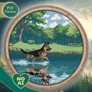German Shepherd Puppy Adult Dog Embroidery Stained Glass Cross Stitch PDF