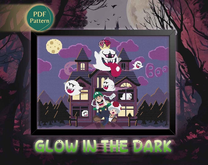 Haunted Manor Cross Stitch PDF – Ghostly Adventure Pattern, Brave Hero, Full Moon, Purple Tones, Spooky Pixel Scene, Instant Download