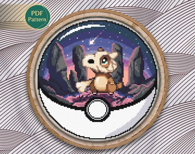 Cubone Pokeball Cross Stitch PDF – Ground Type Pattern, Starry Sky, Dinosaur Style, Nostalgic Stitch, Shooting Star, Instant Download