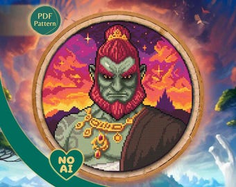 Ganondorf Cross Stitch Pattern: Retro Sunset Pixel Art (PDF Download)