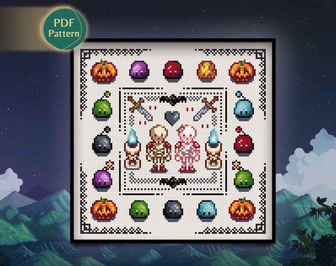 Pixel Mine Love Cross Stitch PDF – Cottagecore-Inspired Pattern, Cute Slimes, Shadowy Creatures, Skeleton, Bug, Bat, Instant Download