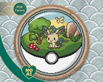 Patrón punto de cruz inspirado en Leafeon en terrario Bosque Cottagecore