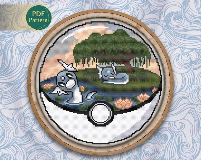 Dratini Pokeball Cross Stitch PDF – Dragon Type Pattern, Counted Stitch, Kawaii Japan Style, Willow Tree, Water Lily, Instant Download