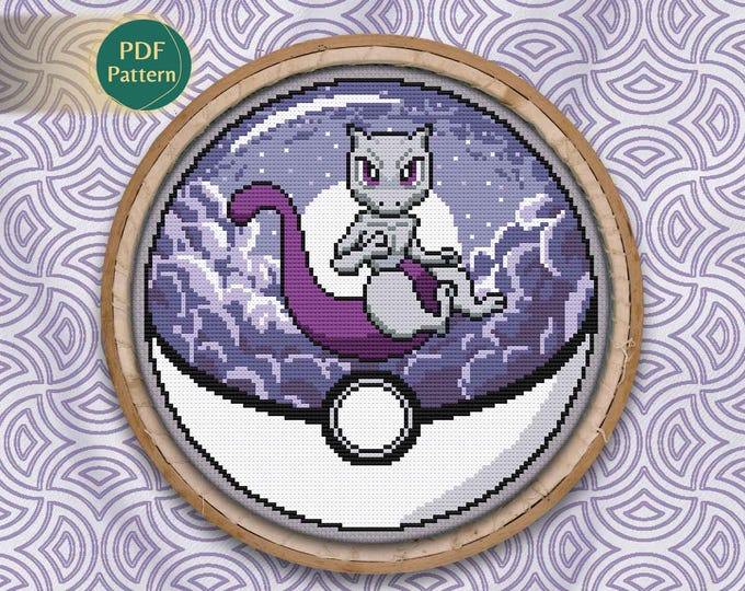 Mewtwo Pokeball Cross Stitch PDF – Psychic Type Pattern, Galaxy Scene, Stars, Universe, Violet Space Design, Instant Download