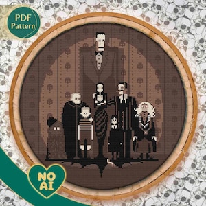 Gothic familie kruissteekpatroon: donkere humor elegant ontwerp (pdf-download)