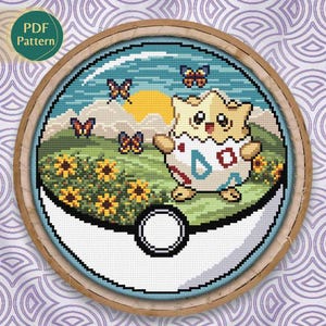 Padrão de ponto cruz tipo fada, terrário de pokebola Togepi, ponto cruz contado, girassóis, borboletas, kawaii, adorável, padrão em PDF