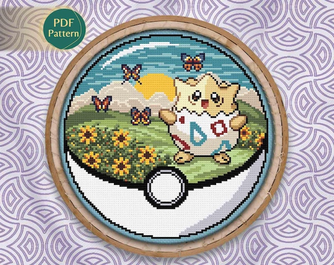 Togepi Pokeball Cross Stitch PDF – Fairy Type Pattern, Counted Stitch, Kawaii Sunflowers & Butterflies, Adorable Design, Instant Download