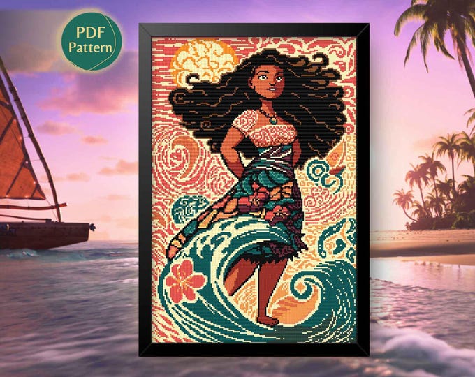 Moana Cross Stitch Pattern PDF – Maui, Pua, Hei Hei, Heart of Te Fiti, Island Ocean Scene, Instant Download