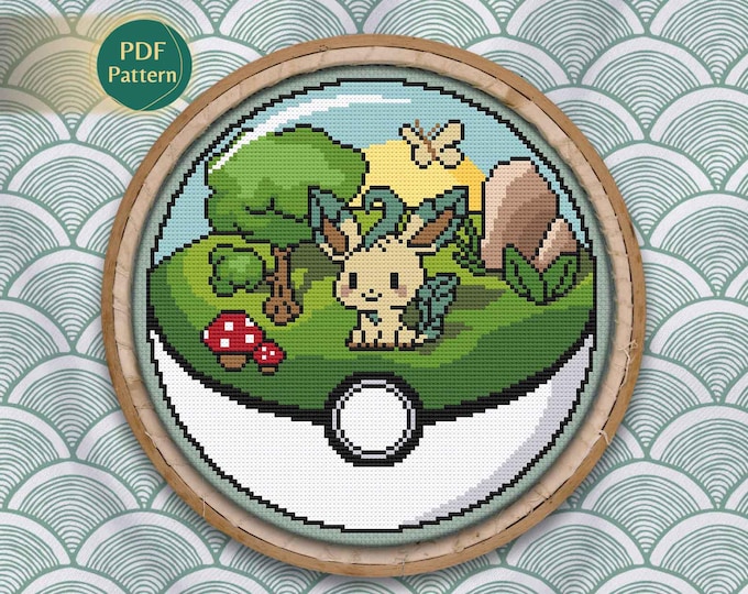 Leafeon Pokeball Cross Stitch PDF – Grass Type Pattern, Cottagecore Eeveelution, Fox in Nature, Countryside Greenery, Instant Download
