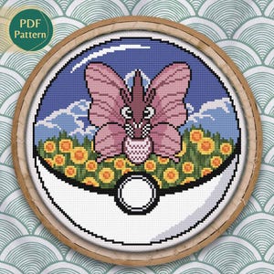 PDF de ponto cruz Pokébola Venomoth – Padrão tipo inseto/veneno, ponto contado, campo de flores com girassóis e rosas em tons pastéis, download instantâneo