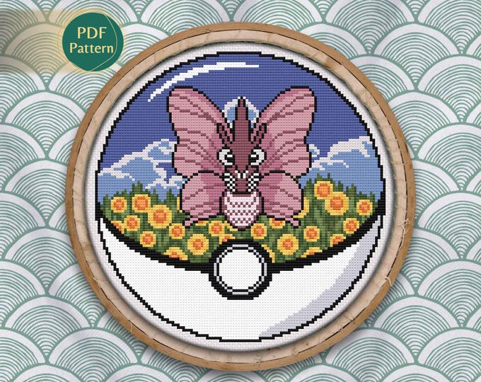 Venomoth Pokeball Cross Stitch PDF – Bug/Poison Type Pattern, Counted Stitch, Flower Field with Sunflowers & Pastel Roses, Instant Download