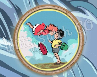 Ponyo Inspired Magical Ocean Wave Terrarium Cross Stitch Pattern