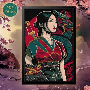 Mulan Cross Stitch Pattern PDF – Mulan Princess, Mushu, Sakura, Katana, Dragon, Japanese Style, Instant Download