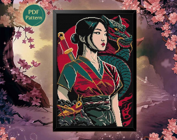 Mulan Cross Stitch Pattern PDF – Mulan Princess, Mushu, Sakura, Katana, Dragon, Japanese Style, Instant Download