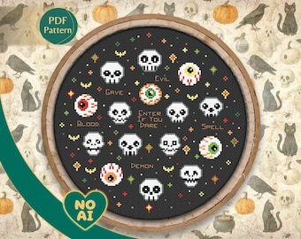 Gothic Skull Spooky Halloween Bats Cross Stitch Pattern PDF