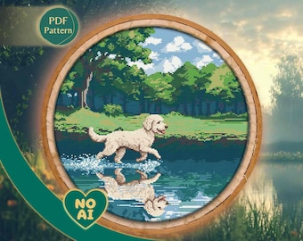 Goldendoodle Embroidery Stained Glass Dog Portrait Cross Stitch Pattern PDF