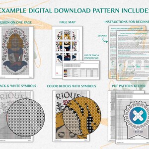May include: A digital download cross stitch pattern featuring a colorful illustration of a woman with the text "Curiouser and Curiouser". The pattern includes a page map, color blocks with symbols, black and white symbols, a list of DMC floss colors, and a PDF pattern keeper.