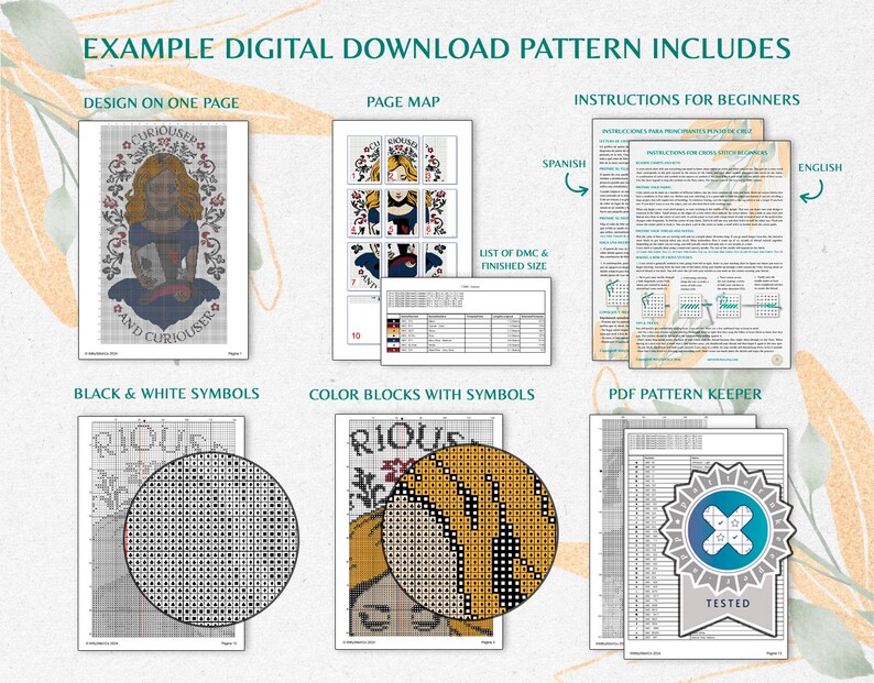 May include: A digital download cross stitch pattern featuring a colorful illustration of a woman with the text "Curiouser and Curiouser". The pattern includes a page map, color blocks with symbols, black and white symbols, a list of DMC floss colors, and a PDF pattern keeper.