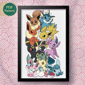 Patrón Punto de Cruz Eeveelutions PDF – Punto Contado: Eevee, Vaporeon, Jolteon, Flareon, Espeon, Umbreon, Leafeon, Glaceon, Sylveon, Kawaii