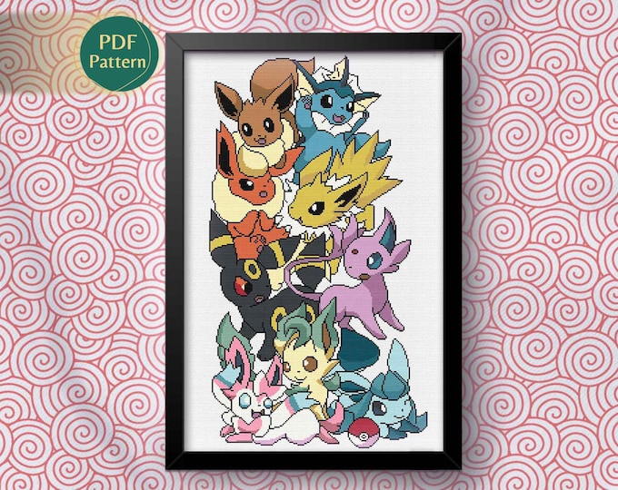 Eeveelutions Cross Stitch Pattern, Counted stitch, Eevee, Vaporeon, Jolteon, Flareon, Espeon, Umbreon, Leafeon, Glaceon, Sylveon, Kawaii