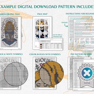 May include: A digital download cross stitch pattern featuring a colorful illustration of a woman with the text "Curiouser and Curiouser". The pattern includes a page map, color blocks with symbols, black and white symbols, a list of DMC floss colors, and a PDF pattern keeper.