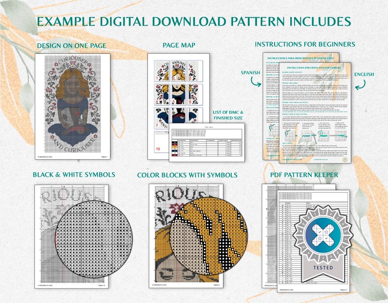 May include: A digital download cross stitch pattern featuring a colorful illustration of a woman with the text "Curiouser and Curiouser". The pattern includes a page map, color blocks with symbols, black and white symbols, a list of DMC floss colors, and a PDF pattern keeper.