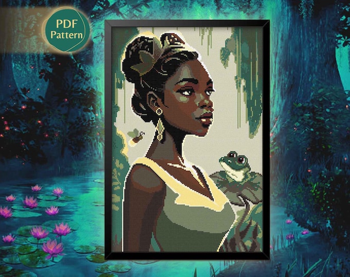 Princess and the Frog Cross Stitch Pattern PDF – Tiana, Frog, Fairy Tale, Bayou, Magic Kiss, Instant Download