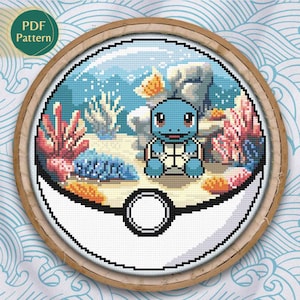 Squirtle Pokeball Cross Stitch PDF – watertypepatroon, onder de zee, zeeplanten, bubbels, leuk ontwerp, direct downloaden