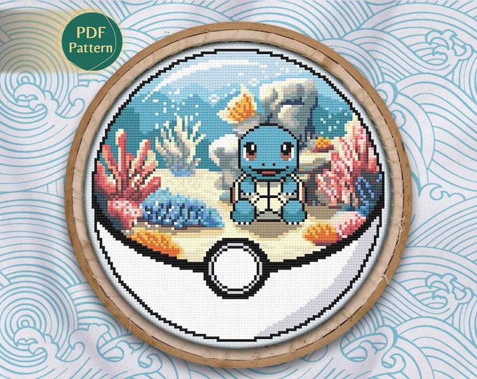 Squirtle Pokeball Cross Stitch PDF – Water Type Pattern, Under the Sea, Marine Plants, Bubbles, Cute Design, Instant Download
