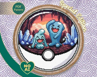 Wobbuffet and Wynaut Inspired Kawaii Flower Garden Terrarium Cross Stitch Pattern PDF