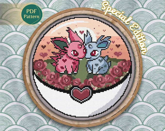 Nidoran in Love Cross Stitch PDF – Poison Type Pokeball Pattern, Valentine’s Day Edition, Red Roses, Romantic Scene, Instant Download