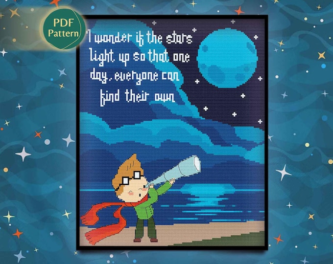 Little Boy & Telescope Cross Stitch Pattern – Universe, Stars, Horizon, Kawaii Style, Instant PDF
